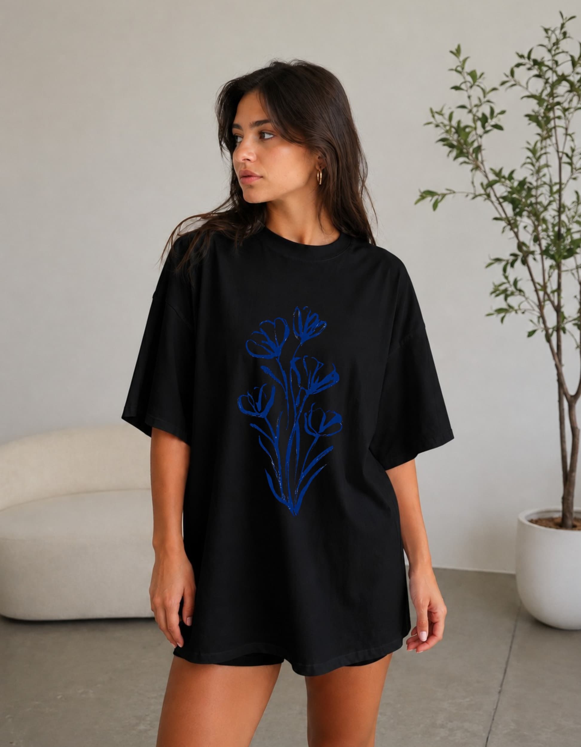 Minimal Floral Oversized Graphic T-Shirt for Women