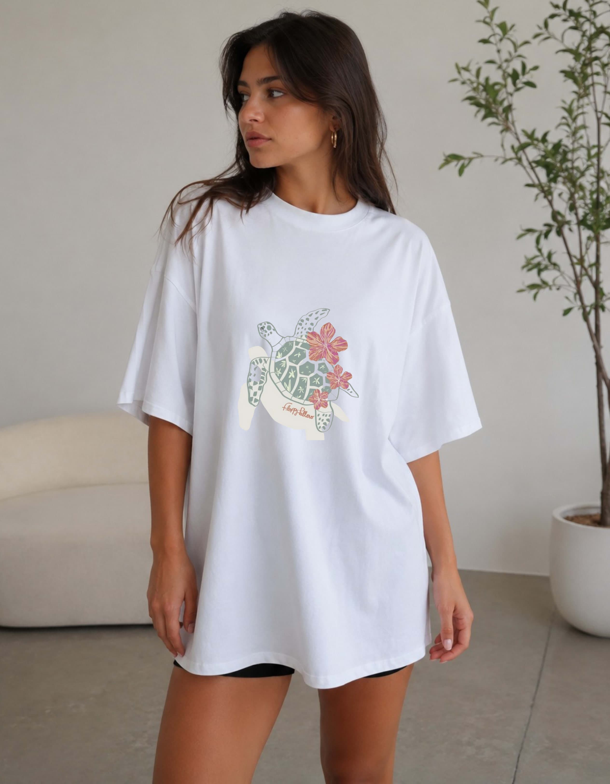 Sea Turtle Floral Oversized Graphic T-Shirt for Women