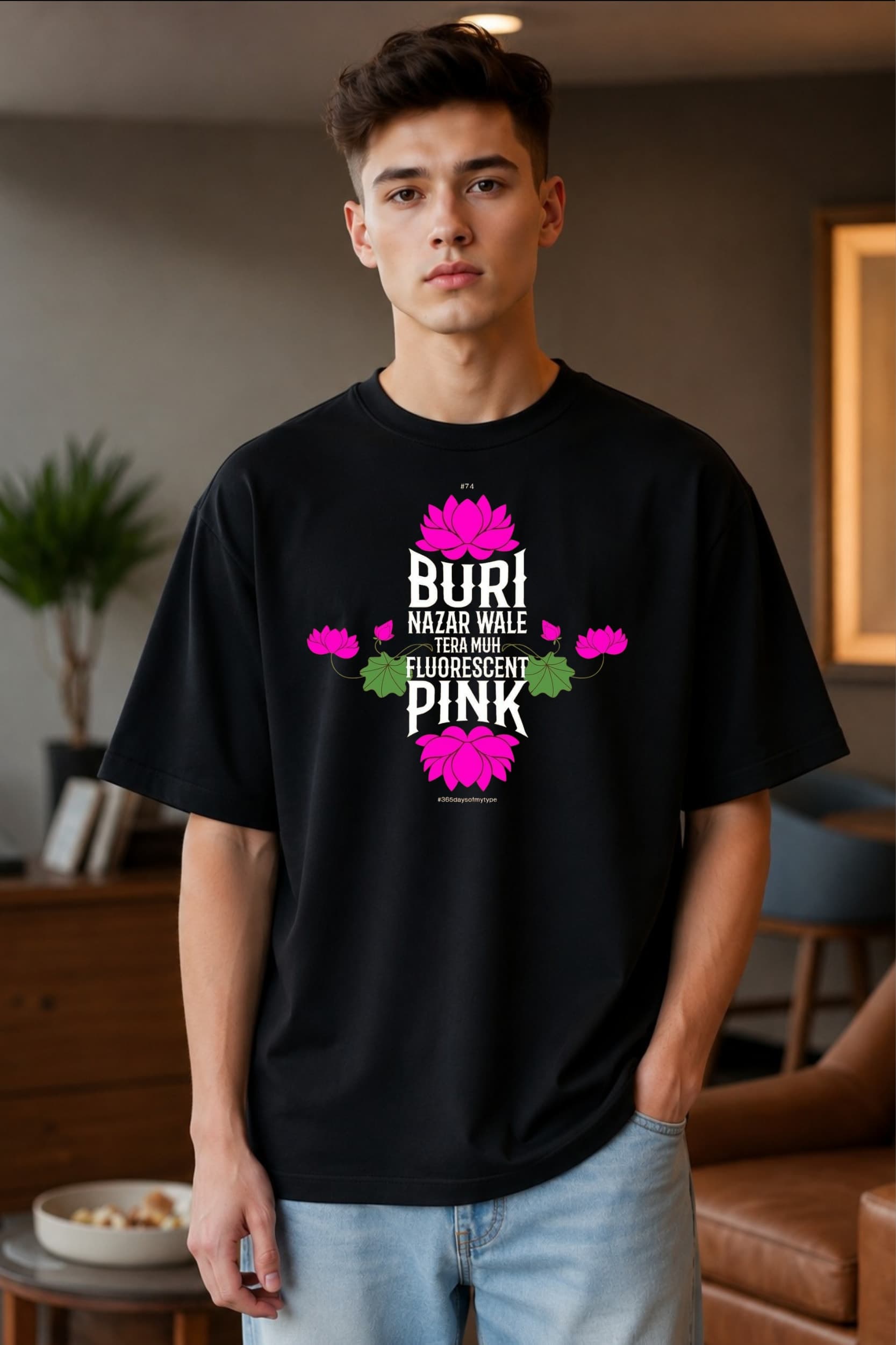 ๐ธ Buri Nazar Wale Fluorescent Pink Graphic Oversized T-Shirt