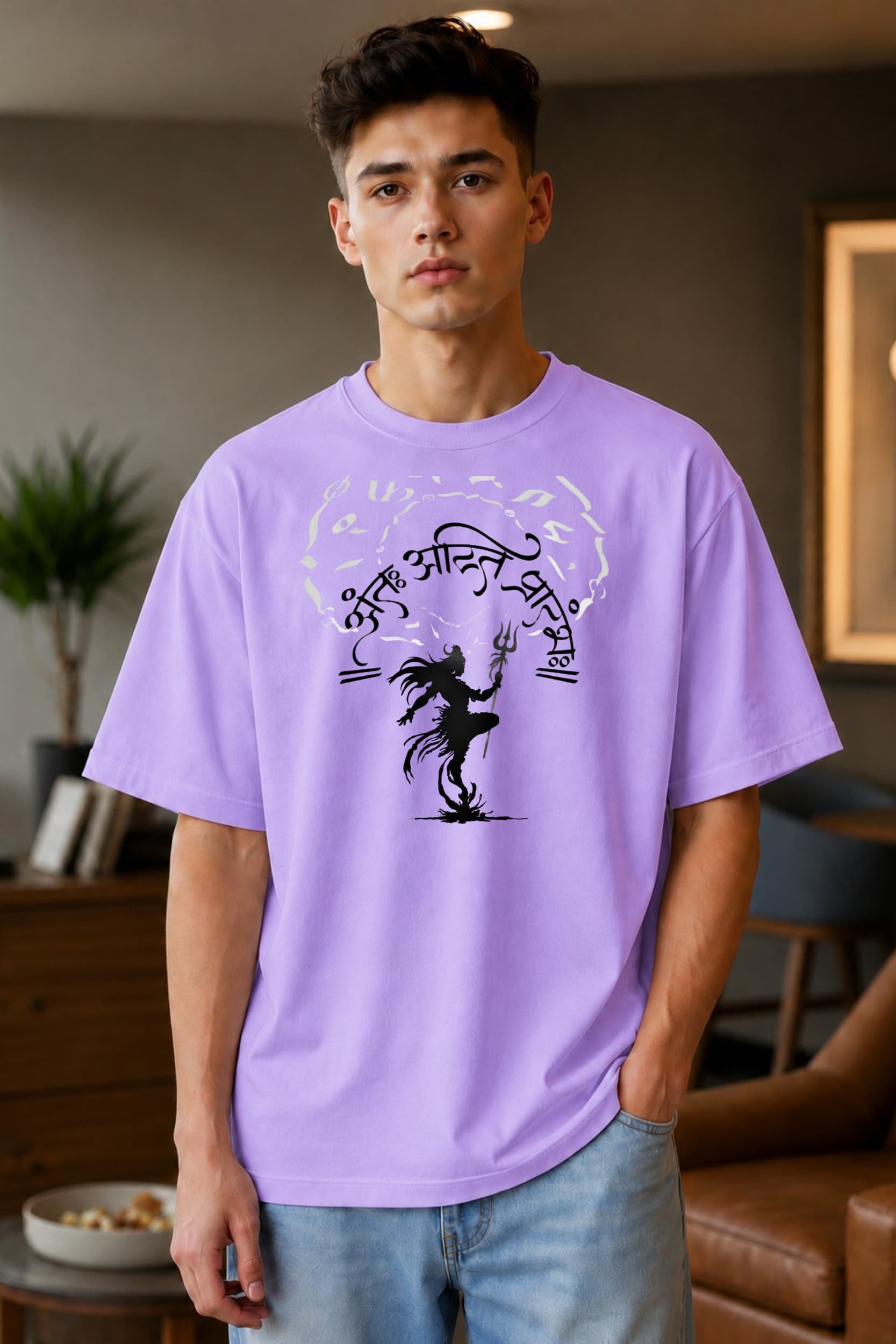 ๐๏ธ Adiyogi Mahadev Graphic Oversized T-Shirt โ White / Lavender alternate