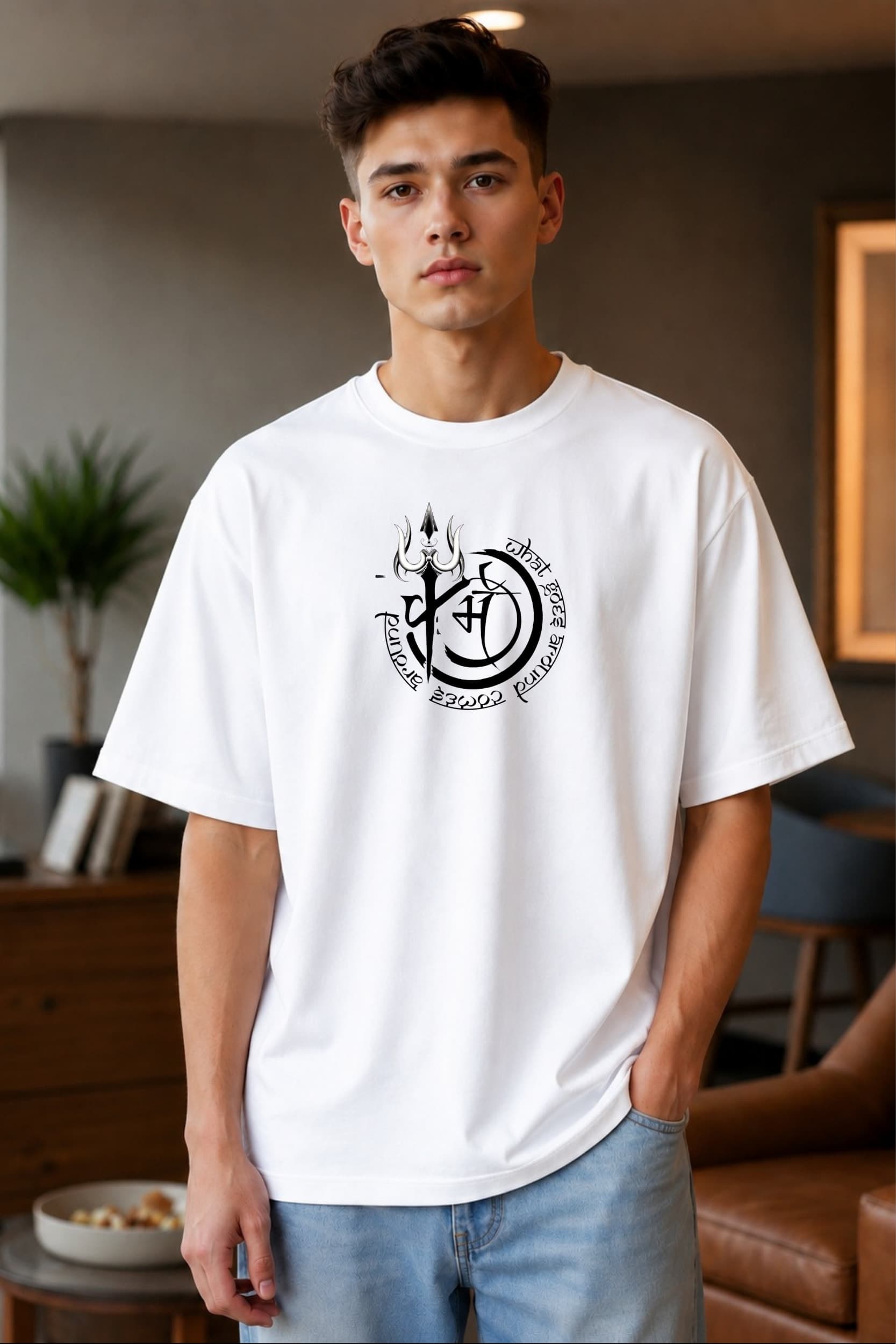 ๐๏ธ Mahadev Eternal Symbol Oversized T-Shirt โ White & Lavender