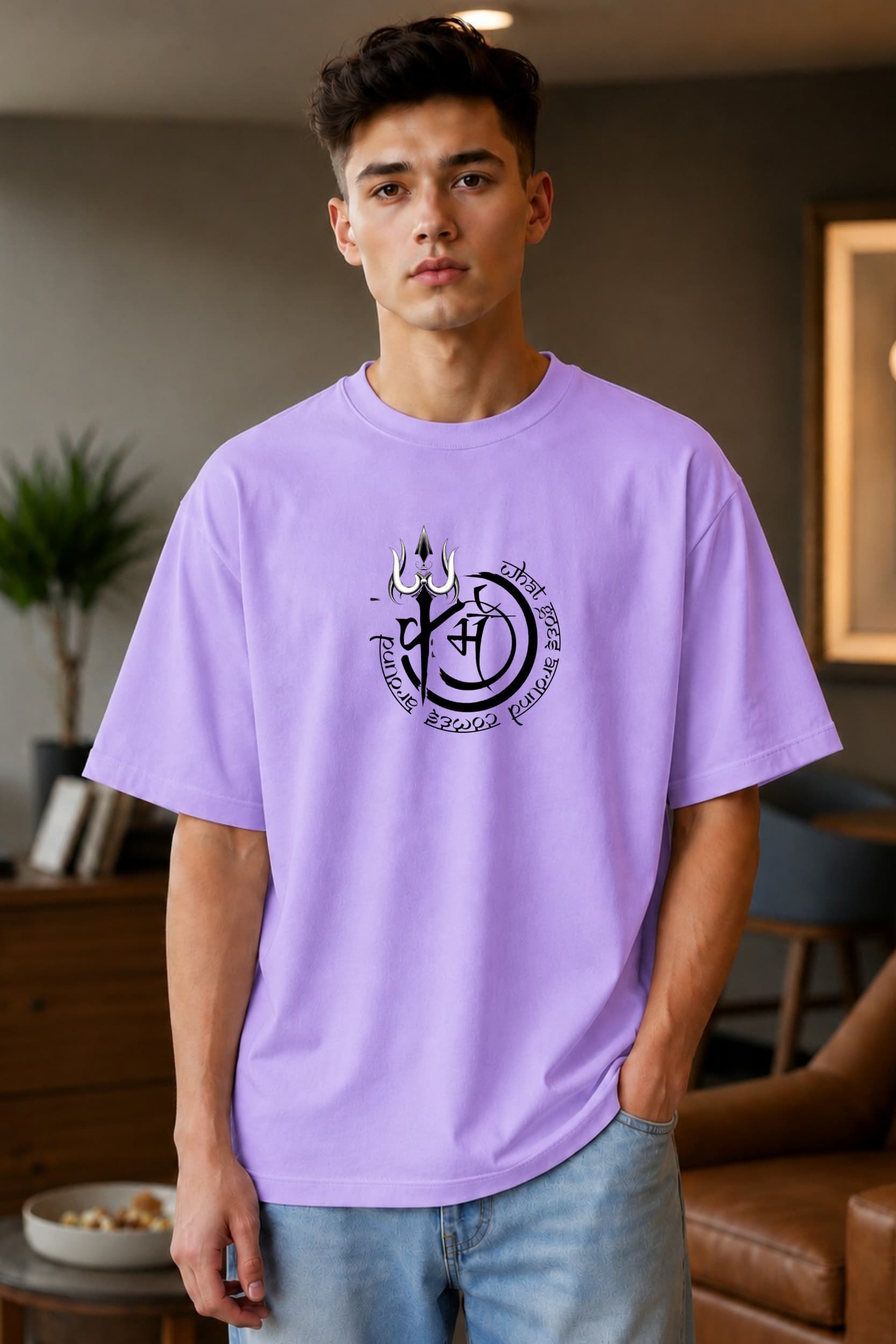 ๐๏ธ Mahadev Eternal Symbol Oversized T-Shirt โ White & Lavender alternate