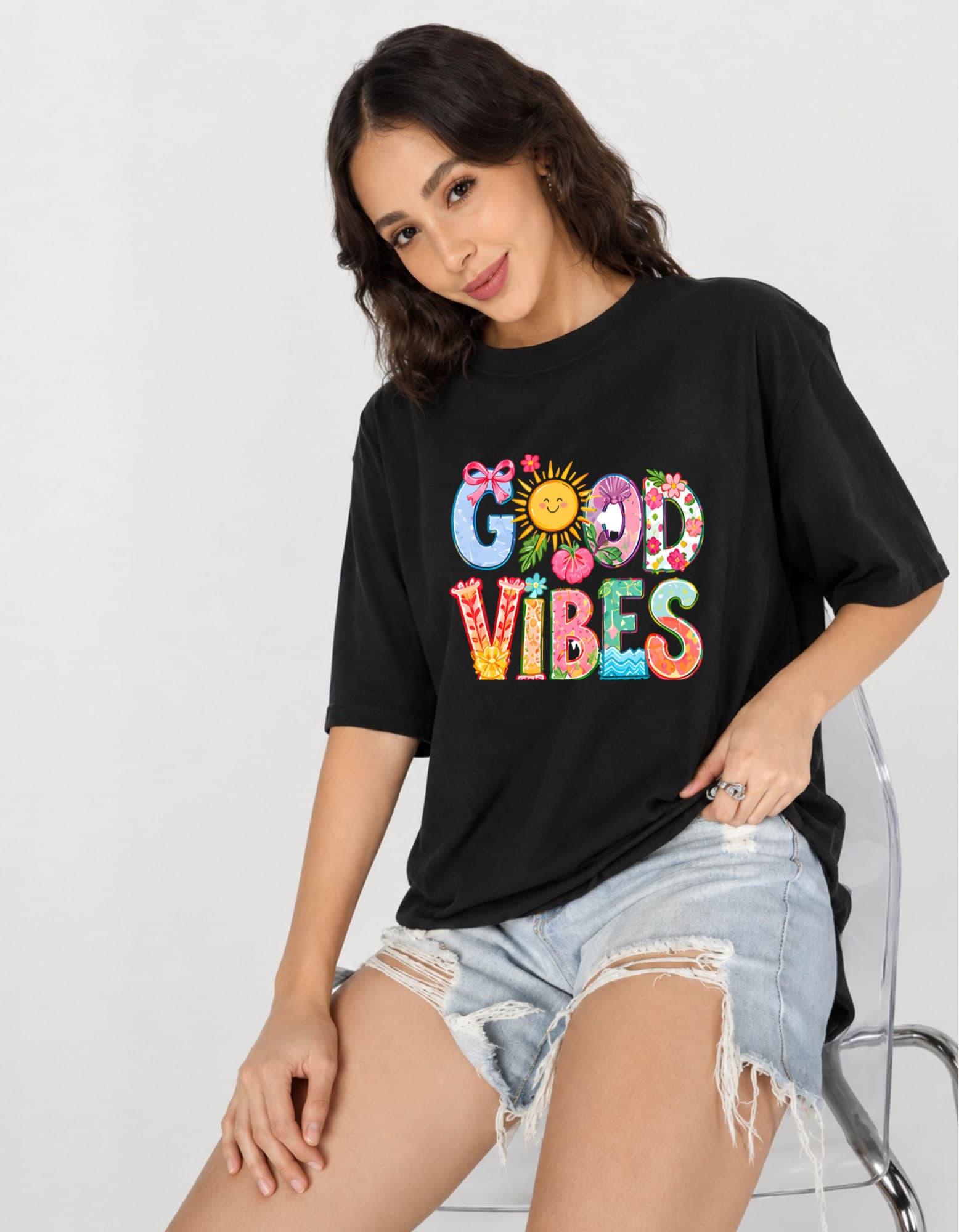 Good Vibes Oversized Graphic T-Shirt for Women