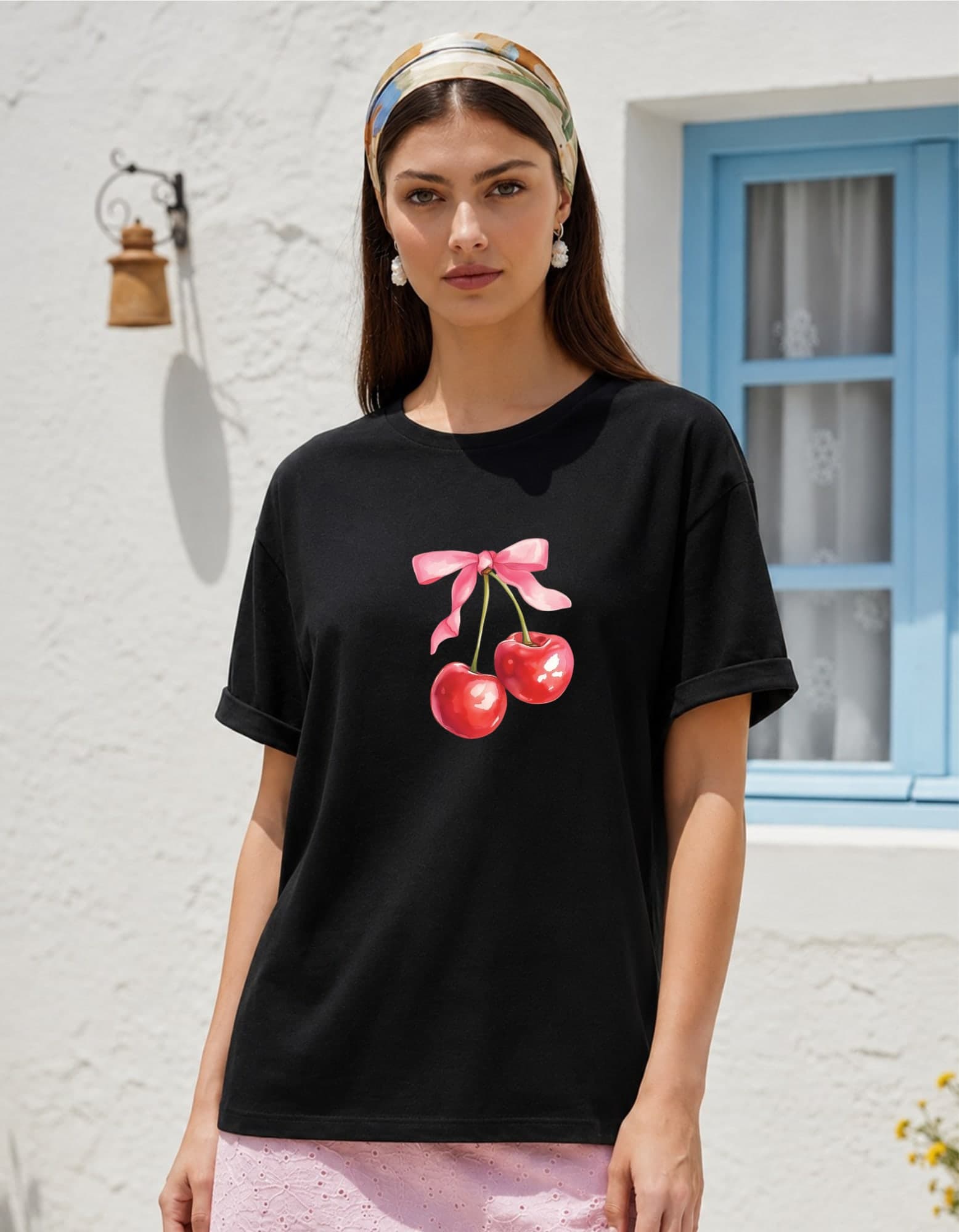 Cherry Bow Oversized Graphic T-Shirt for Women