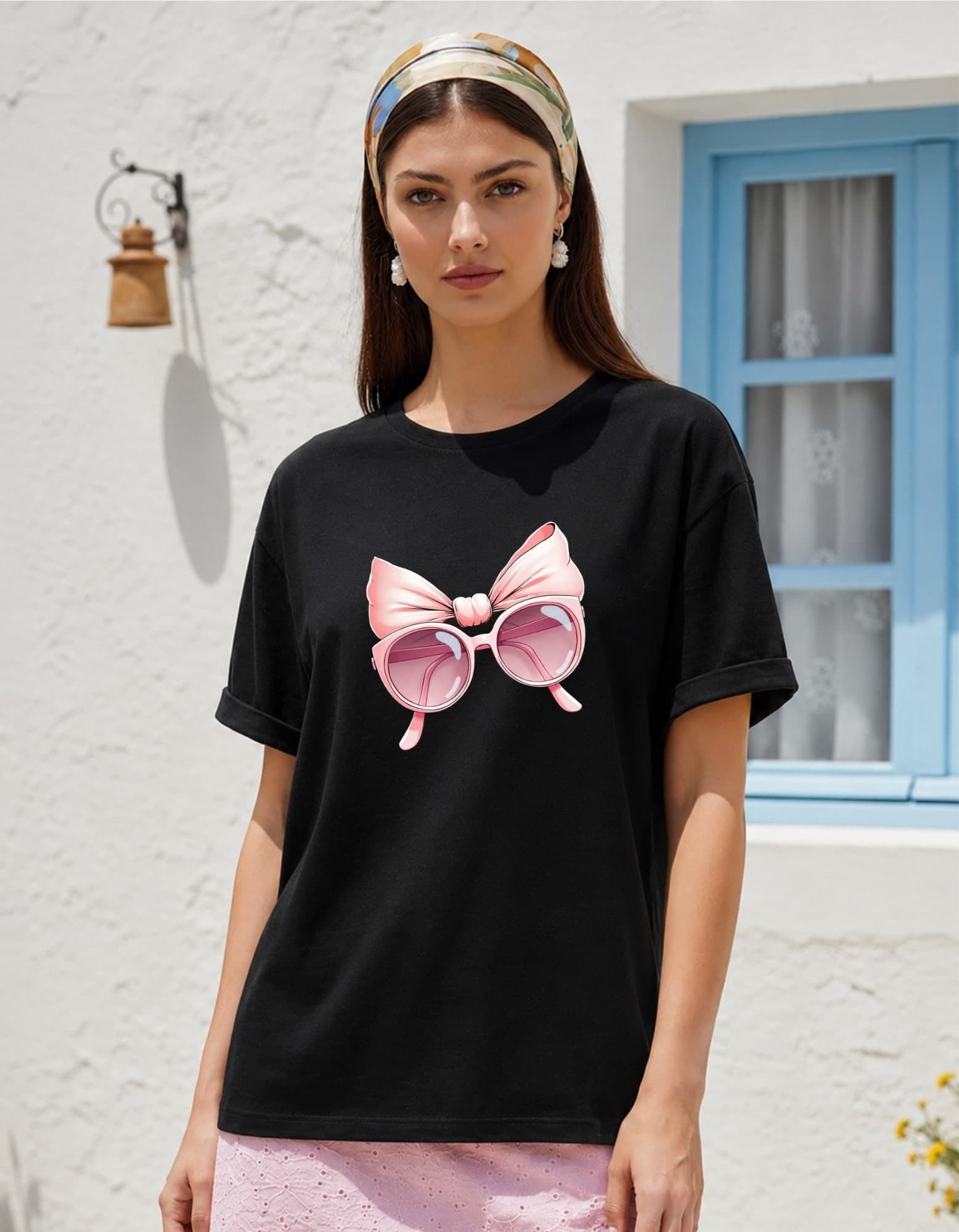 Pink Bow Sunglasses Oversized Graphic T-Shirt for Women