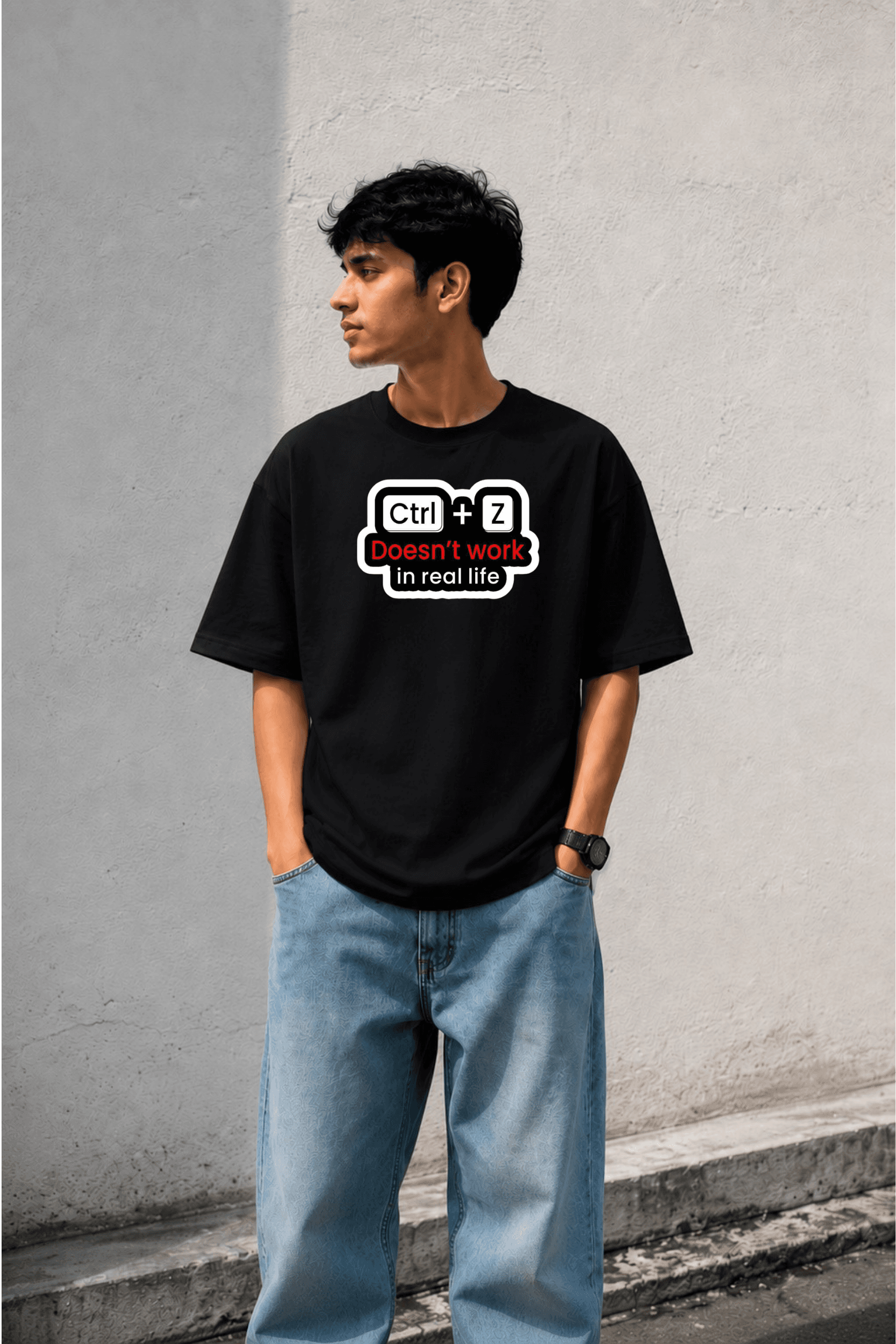 Ctrl + Z Doesn't Work in Real Life Oversized Graphic T-Shirt for Men - Image 1